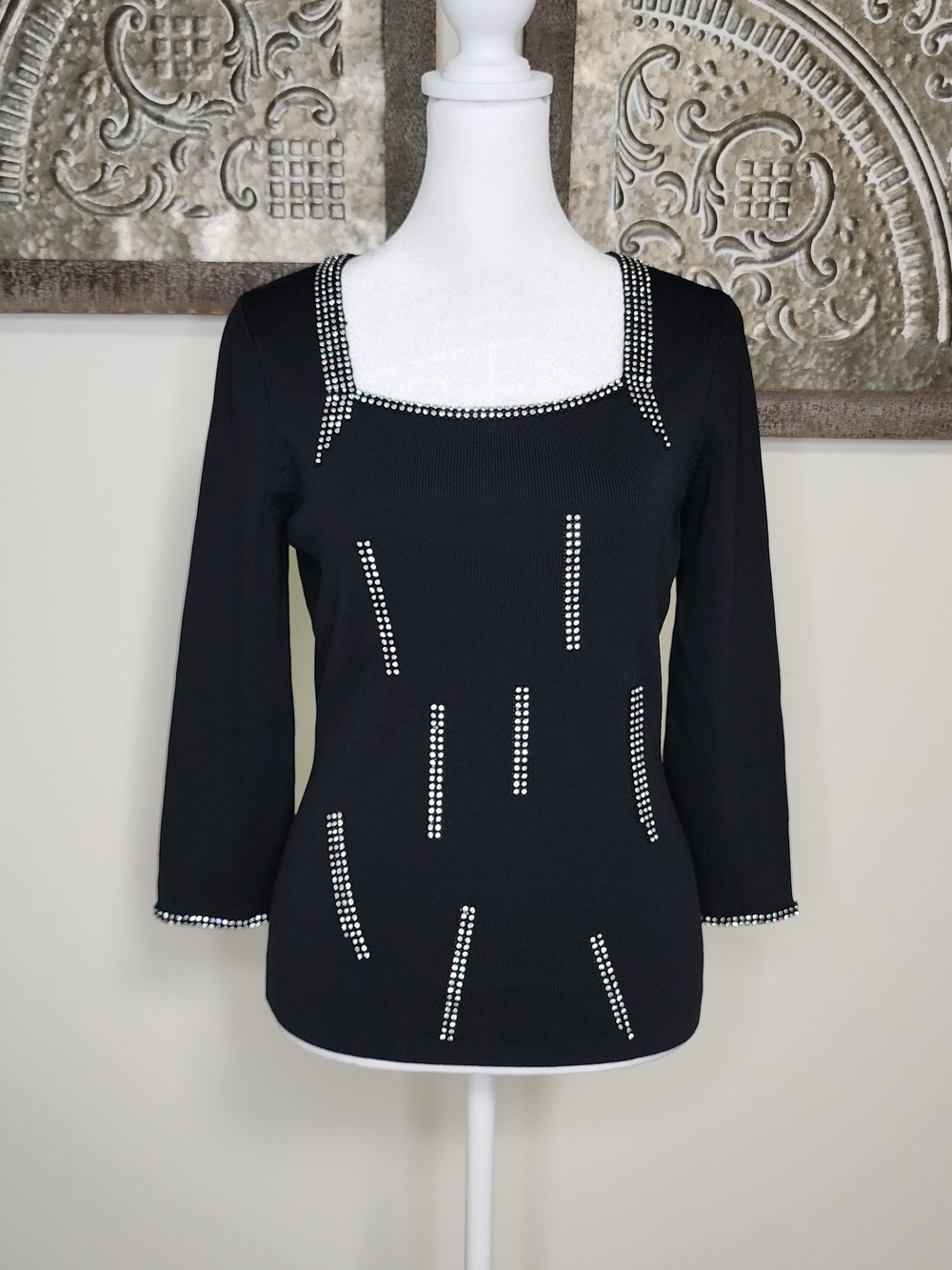 Rare Victor Costa Black Rhinestone Embellished Square Neck Evening Top Sm Glam